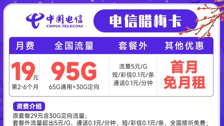 电信流量卡，19月租包95G 100分钟流量卡，无合约期